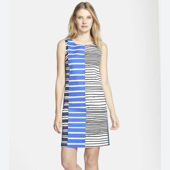 Lafayette 148 New York Drita Striped Textured Cotton Shift Dress Blue Black 14 - Picture 1 of 6